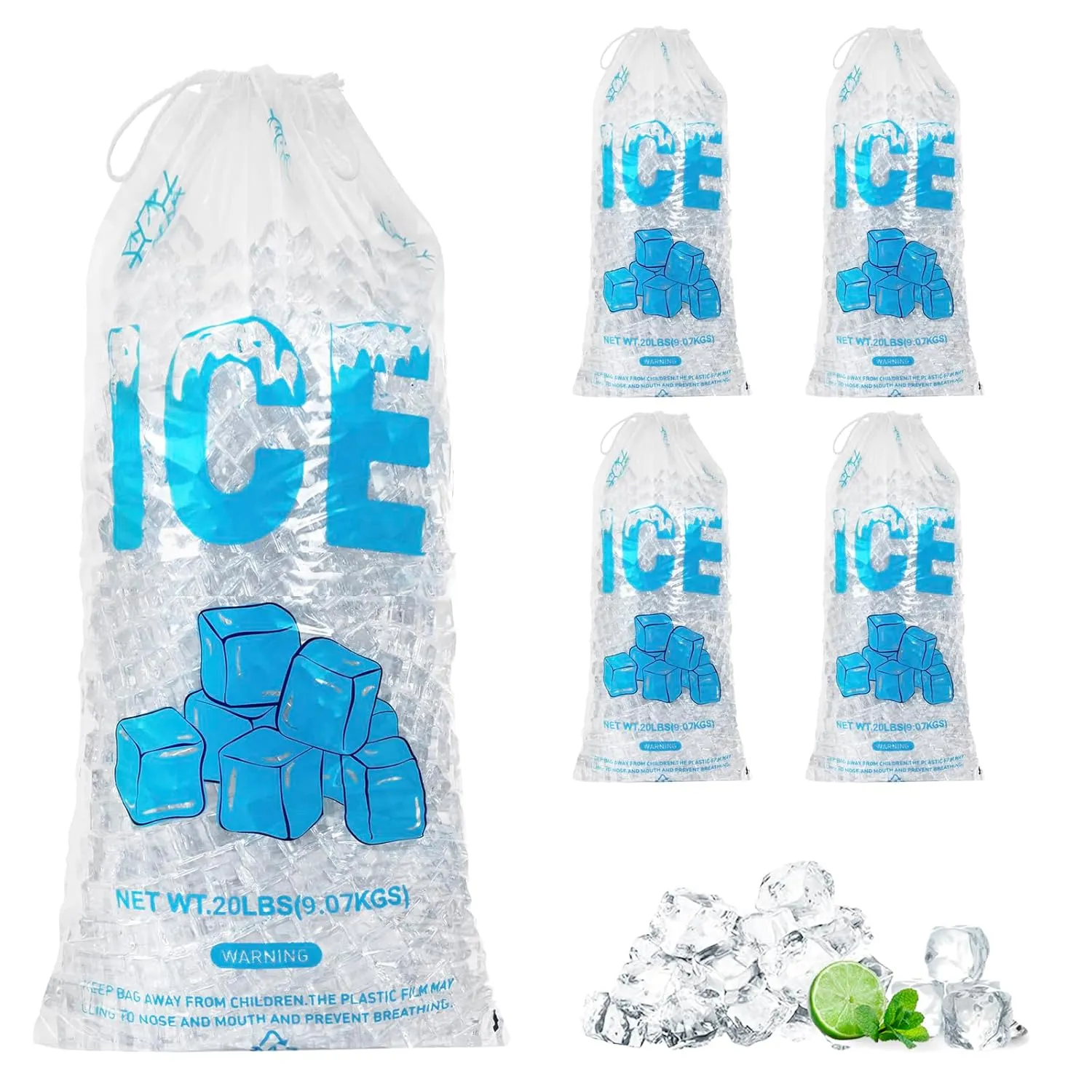 100 PACK 20 lb. Plastic Ice Bags with Cotton Draw String 14 x 28 Inch Heavy-Duty Plastic Ice Storage Bags with Draw String (2.8mil Thickness, Ice Cube pattern)