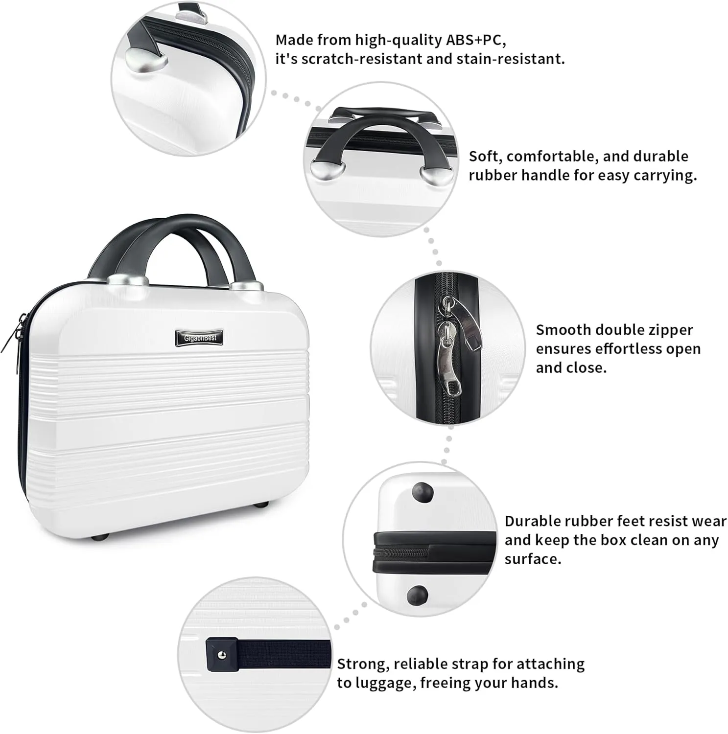 14" Portable Hard Shell Makeup Travel Case - Stylish PC ABS Cosmetic Organizer for Women - Scratch-Resistant, Elastic Strap, Mini Suitcase - Perfect for Romantic GiftsArctic White
