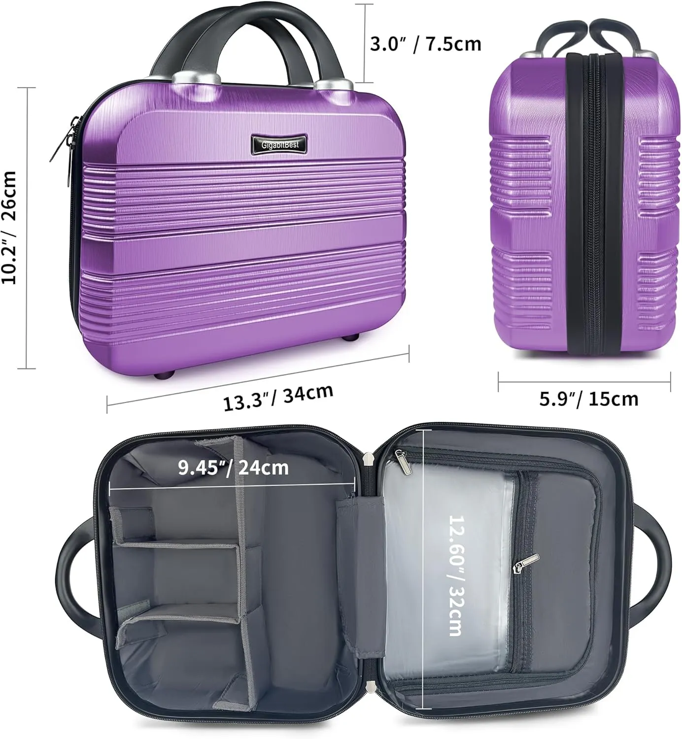 14" Portable Hard Shell Makeup Travel Case - Stylish PC ABS Cosmetic Organizer for Women - Scratch-Resistant, Elastic Strap, Mini Suitcase - Perfect for Romantic GiftsFuturistic Purple