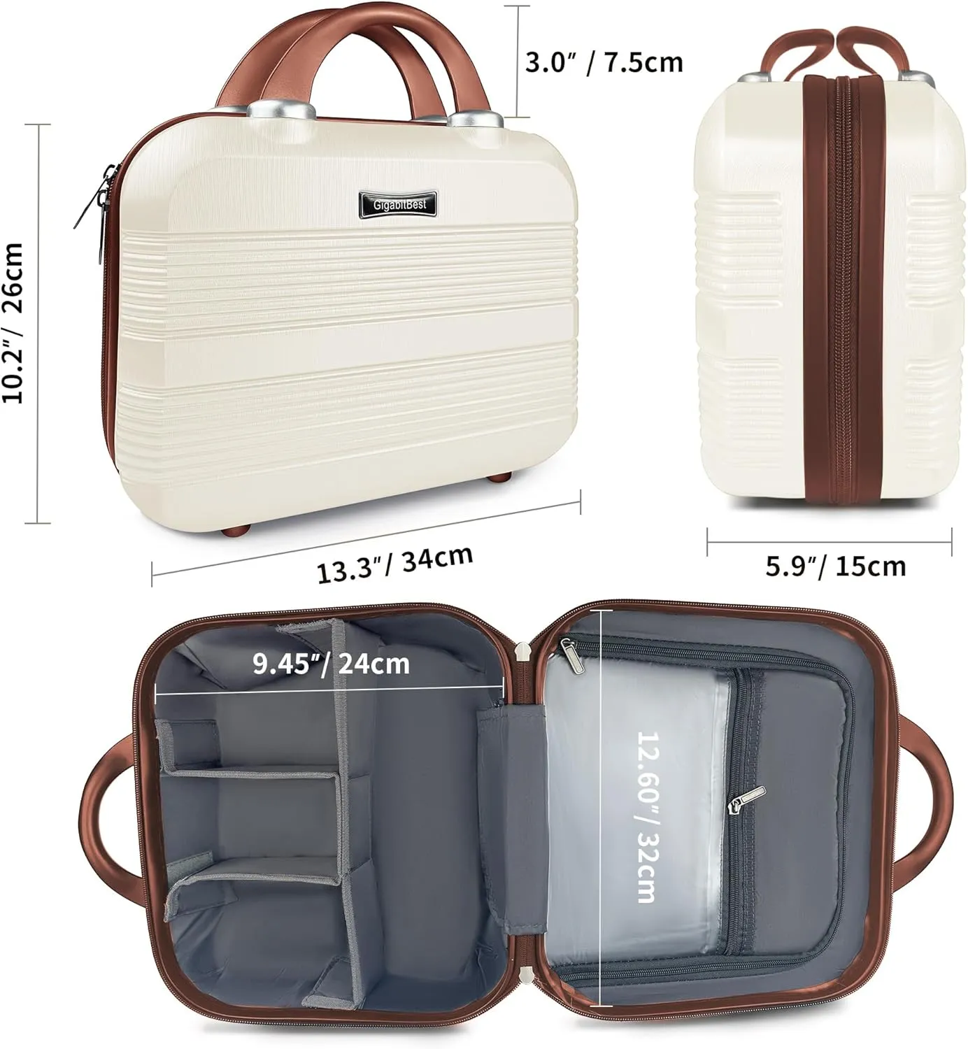 14" Portable Hard Shell Makeup Travel Case - Stylish PC ABS Cosmetic Organizer for Women - Scratch-Resistant, Elastic Strap, Mini Suitcase - Perfect for Romantic GiftsLight Brown