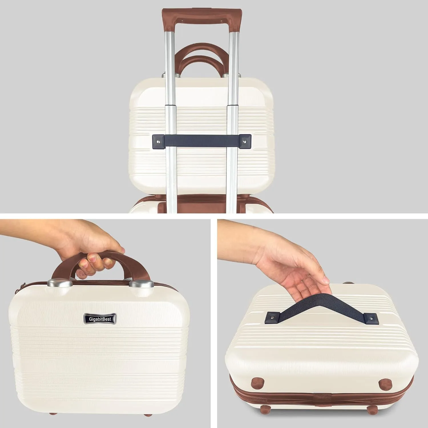 14" Portable Hard Shell Makeup Travel Case - Stylish PC ABS Cosmetic Organizer for Women - Scratch-Resistant, Elastic Strap, Mini Suitcase - Perfect for Romantic GiftsLight Brown