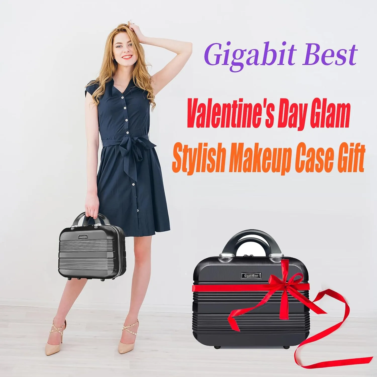 14" Portable Hard Shell Makeup Travel Case - Stylish PC ABS Cosmetic Organizer for Women - Scratch-Resistant, Elastic Strap, Mini Suitcase - Perfect for Romantic GiftsMidnight Black