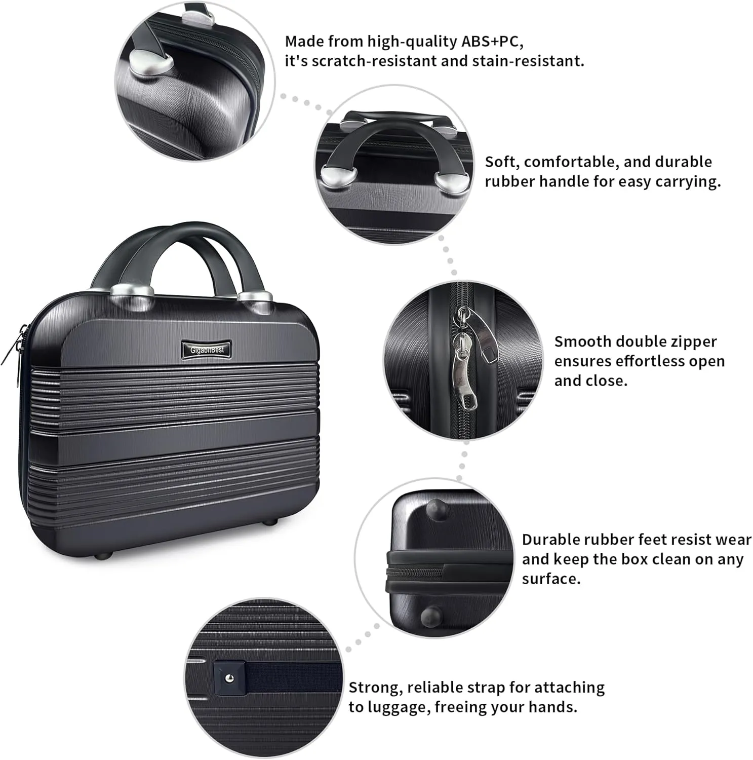 14" Portable Hard Shell Makeup Travel Case - Stylish PC ABS Cosmetic Organizer for Women - Scratch-Resistant, Elastic Strap, Mini Suitcase - Perfect for Romantic GiftsMidnight Black