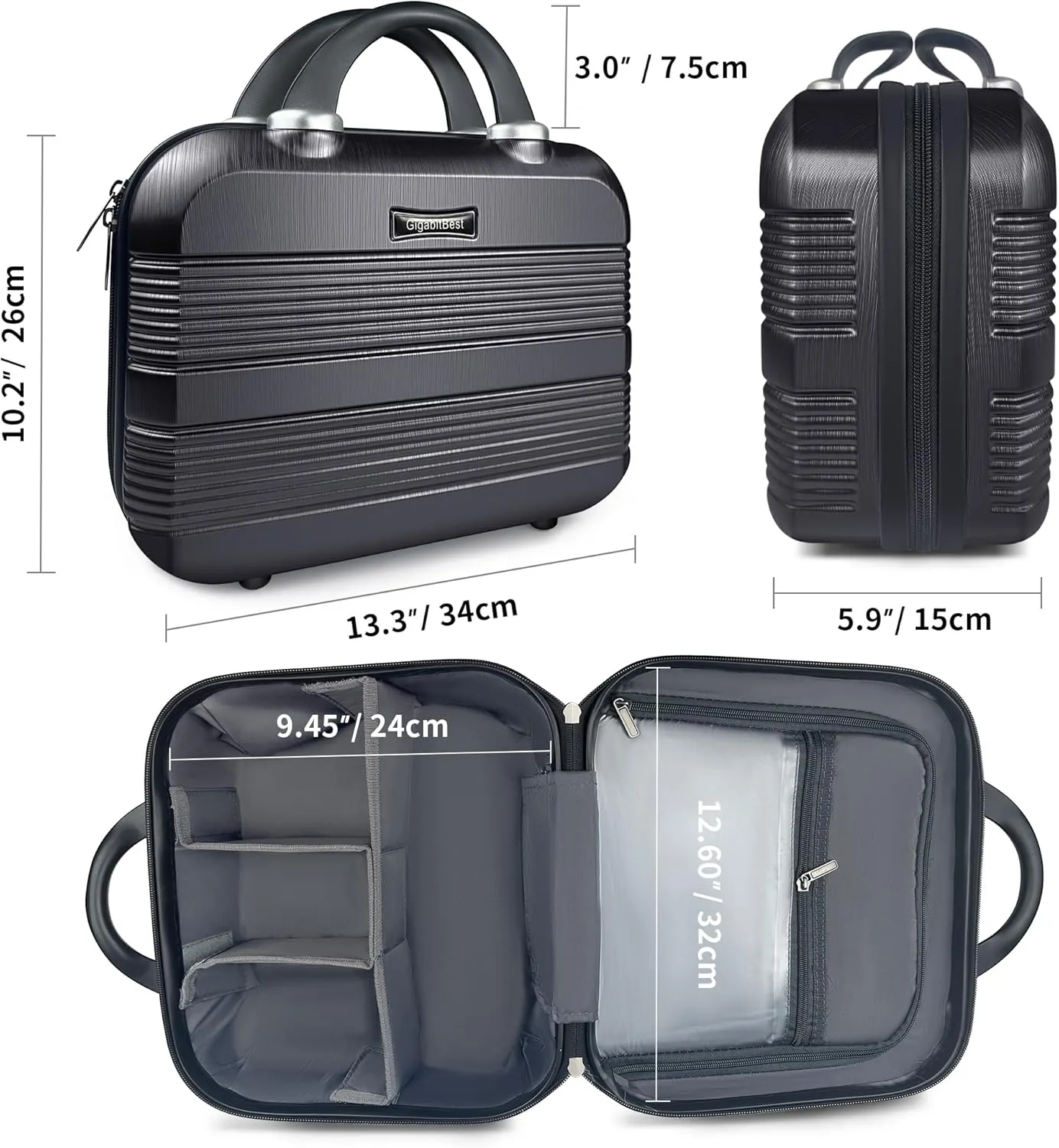 14" Portable Hard Shell Makeup Travel Case - Stylish PC ABS Cosmetic Organizer for Women - Scratch-Resistant, Elastic Strap, Mini Suitcase - Perfect for Romantic GiftsMidnight Black