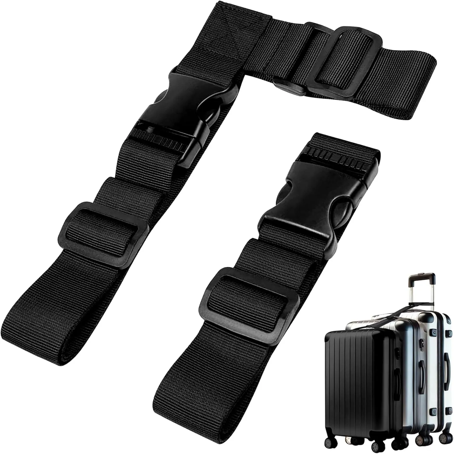 2-Pack Adjustable Luggage Connector Straps  Heavy Duty Add-A-Bag Attachment for Connecting 3 Suitcases, Black with Secure Buckles