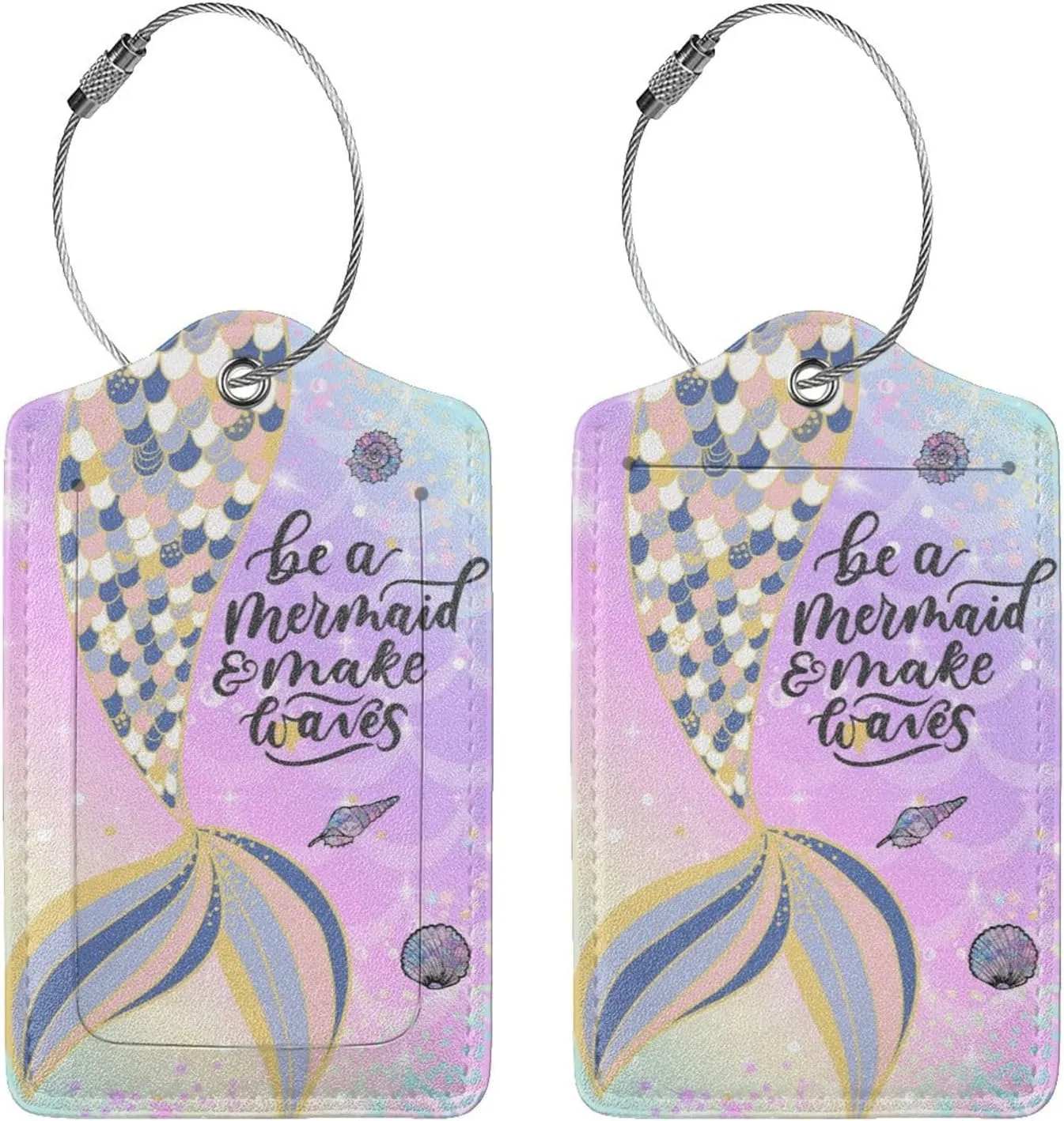 2 Pcs Blue Mermaid Luggage Tag for Suitcase Leather Suitcase Tags Privacy Cover Address Card Name Id Label with Stainless Steel Loop for Bag Baggage Women Men Travel Essentials