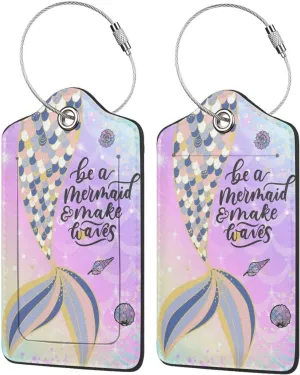 2 Pcs Blue Mermaid Luggage Tag for Suitcase Leather Suitcase Tags Privacy Cover Address Card Name Id Label with Stainless Steel Loop for Bag Baggage Women Men Travel Essentials