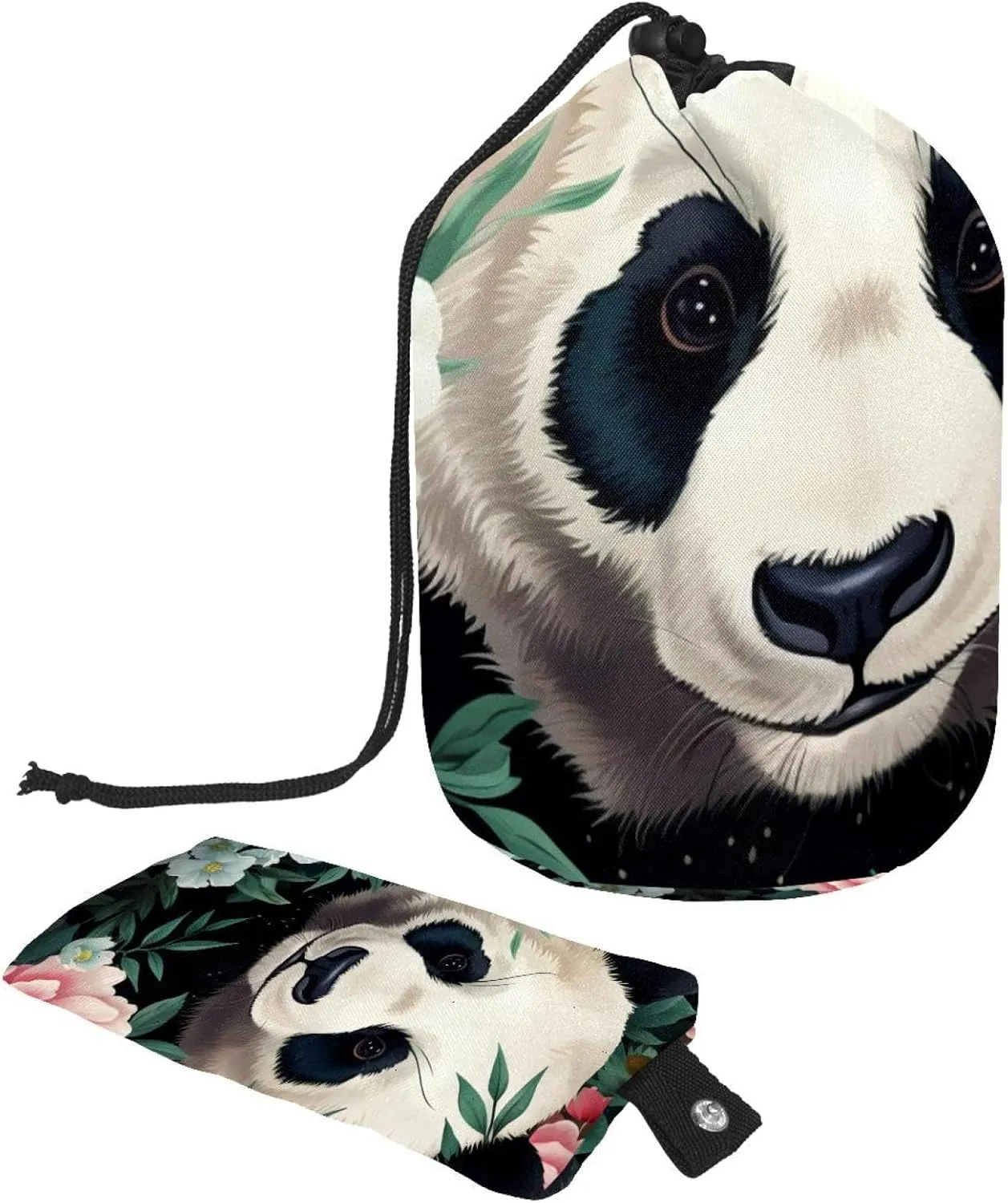 2 Pcs Cosmetic Bag bucket Travel Makeup Bags Large Capacity Soft Waterproof Portable Drawstring Cosmetic Bag, Panda with Colorful Flower Pattern