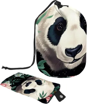 2 Pcs Cosmetic Bag bucket Travel Makeup Bags Large Capacity Soft Waterproof Portable Drawstring Cosmetic Bag, Panda with Colorful Flower Pattern