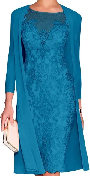 2 Piece Knee Length 3/4 Sleeve Chiffon Mother of The Bride Dresses with Jacket Lace Formal Wedding Guest Gowns
