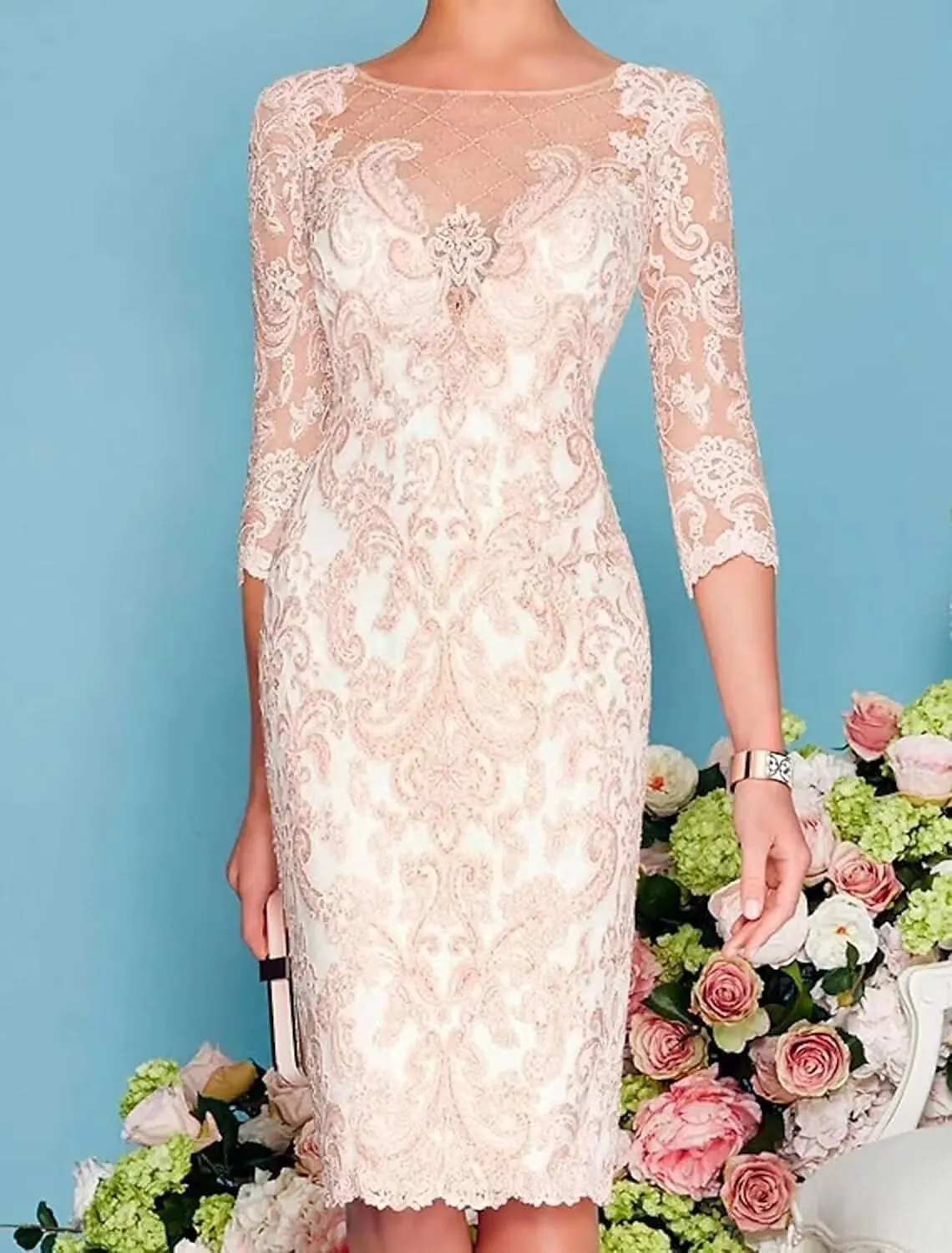2 Piece Knee Length 3/4 Sleeve Chiffon Mother of The Bride Dresses with Jacket Lace Formal Wedding Guest Gowns
