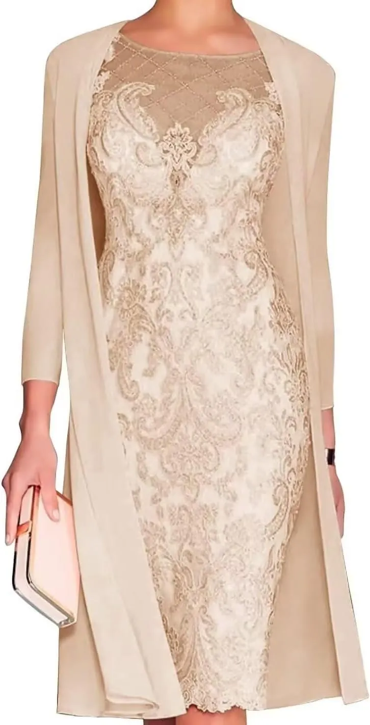 2 Piece Knee Length 3/4 Sleeve Chiffon Mother of The Bride Dresses with Jacket Lace Formal Wedding Guest Gowns