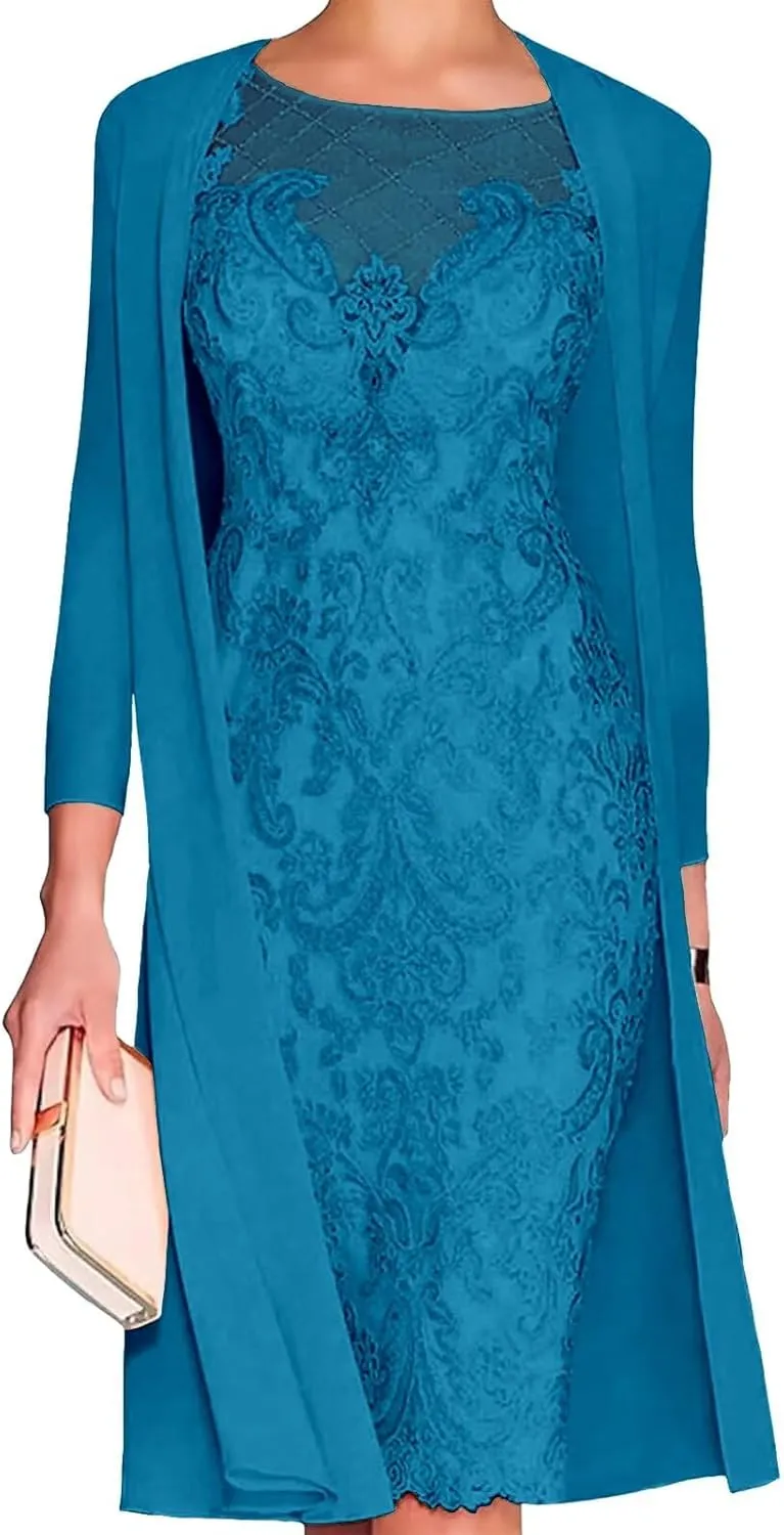 2 Piece Knee Length 3/4 Sleeve Chiffon Mother of The Bride Dresses with Jacket Lace Formal Wedding Guest Gowns