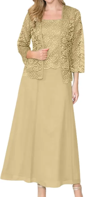 2 Piece Tea Length Chiffon Mother of The Bride Dresses with Jacket Lace Sparkling Beaded Formal Wedding Guest Gowns