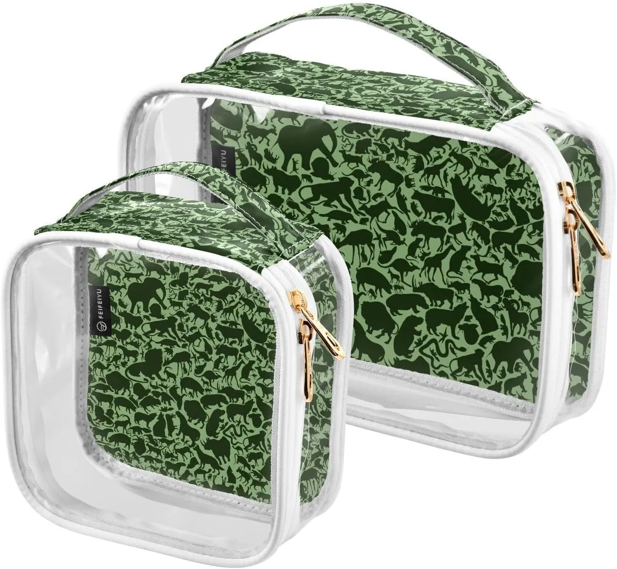 2 Pieces Large Clear Travel Toiletry Bag with Zippers, PVC Waterproof Travel Organizer, Animal Blue Pattern Plastic Tote Bags.