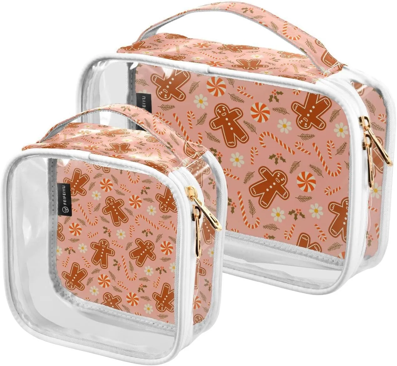 2 Pieces Large Clear Travel Toiletry Bag with Zippers, PVC Waterproof Travel Organizer, Christmas-retro-pattern Plastic Tote Bags.