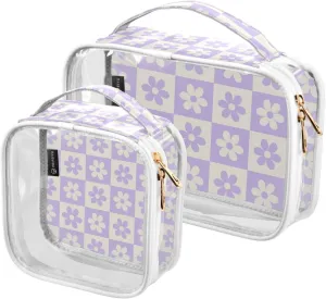 2 Pieces Large Clear Travel Toiletry Bag with Zippers, PVC Waterproof Travel Organizer, Cool-flower-pattern Plastic Tote Bags.