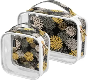 2 Pieces Large Clear Travel Toiletry Bag with Zippers, PVC Waterproof Travel Organizer, Dahlia-floral-pattern2 Plastic Tote Bags.