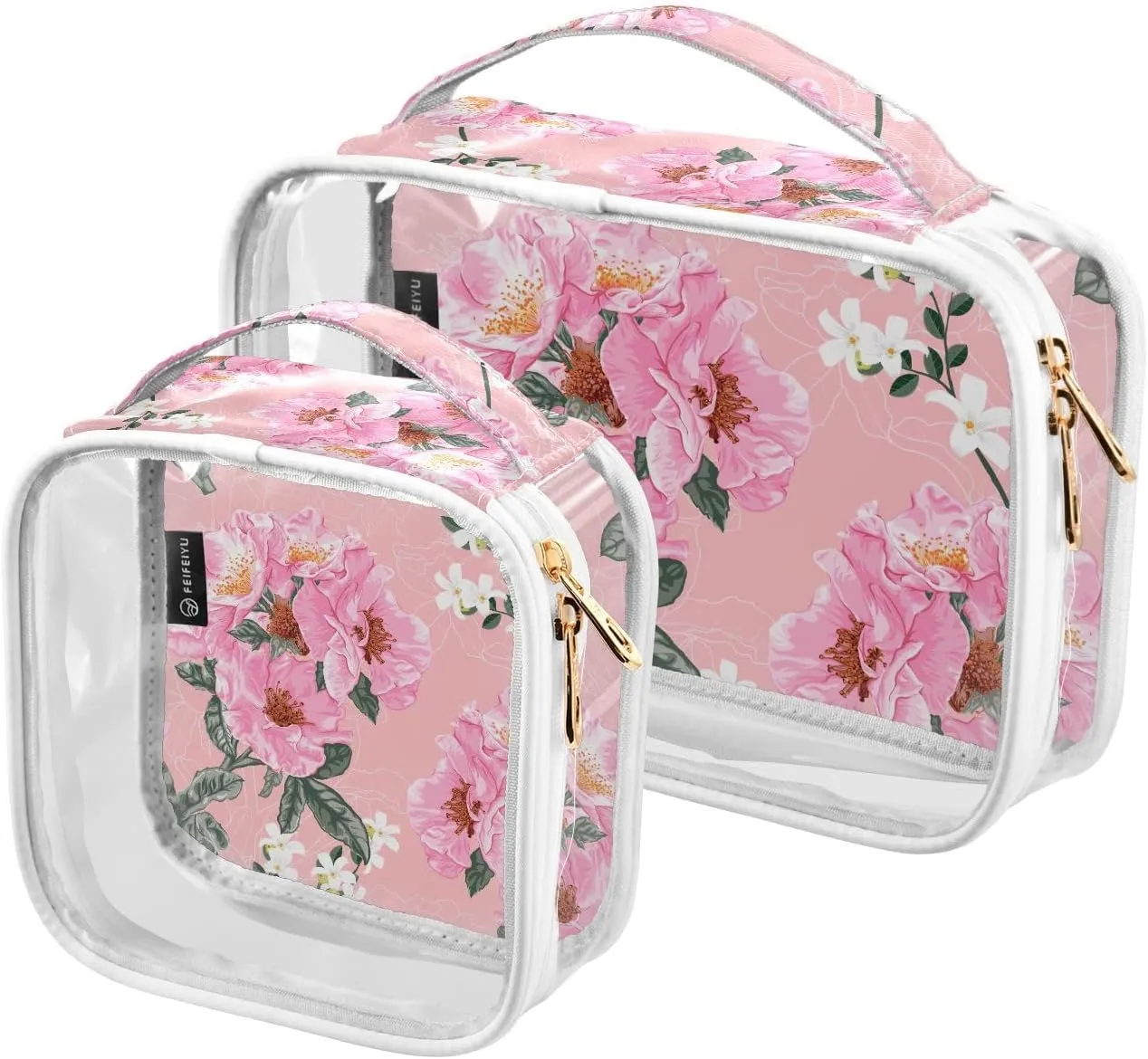 2 Pieces Large Clear Travel Toiletry Bag with Zippers, PVC Waterproof Travel Organizer, Floral-pattern-pink-rose-flowers Plastic Tote Bags.