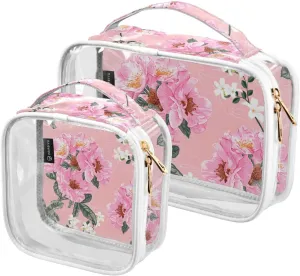 2 Pieces Large Clear Travel Toiletry Bag with Zippers, PVC Waterproof Travel Organizer, Floral-pattern-pink-rose-flowers Plastic Tote Bags.
