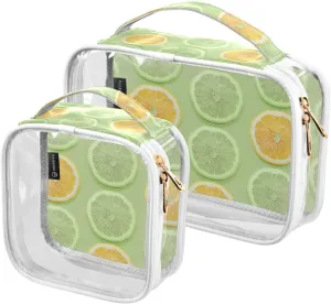 2 Pieces Large Clear Travel Toiletry Bag with Zippers, PVC Waterproof Travel Organizer, Fruit-pattern-with-lemons Plastic Tote Bags.