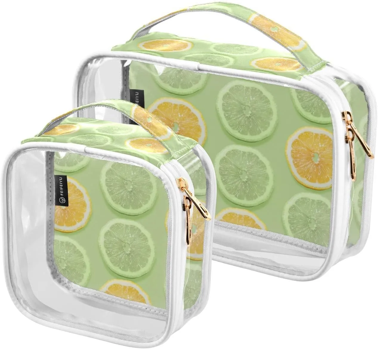 2 Pieces Large Clear Travel Toiletry Bag with Zippers, PVC Waterproof Travel Organizer, Fruit-pattern-with-lemons Plastic Tote Bags.