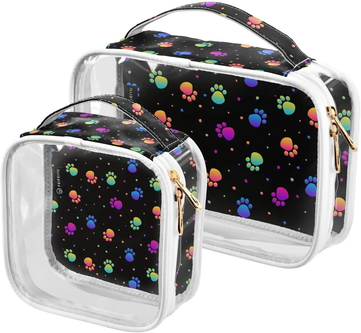 2 Pieces Large Clear Travel Toiletry Bag with Zippers, PVC Waterproof Travel Organizer, Rainbow-paws-pattern Plastic Tote Bags.