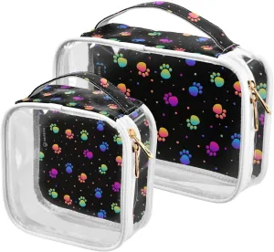 2 Pieces Large Clear Travel Toiletry Bag with Zippers, PVC Waterproof Travel Organizer, Rainbow-paws-pattern Plastic Tote Bags.