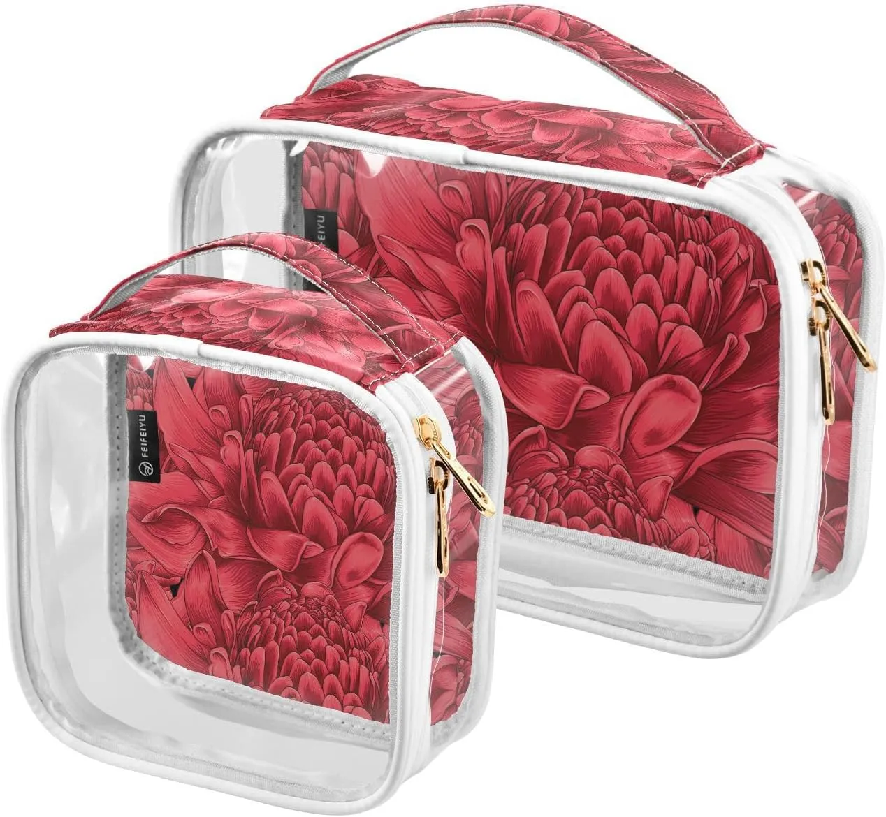 2 Pieces Large Clear Travel Toiletry Bag with Zippers, PVC Waterproof Travel Organizer, Red-torch-ginger-flowers Plastic Tote Bags.