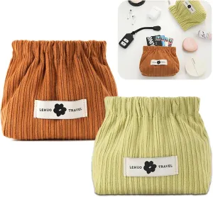 2pcs Corduroy Elastic Hair Tie Organizer Portable Travel Small Makeup Pouch Corduroy Lipstick Storage Bag for Hair Jewelry Lipstick Coin Purse for Women(Green Brown)