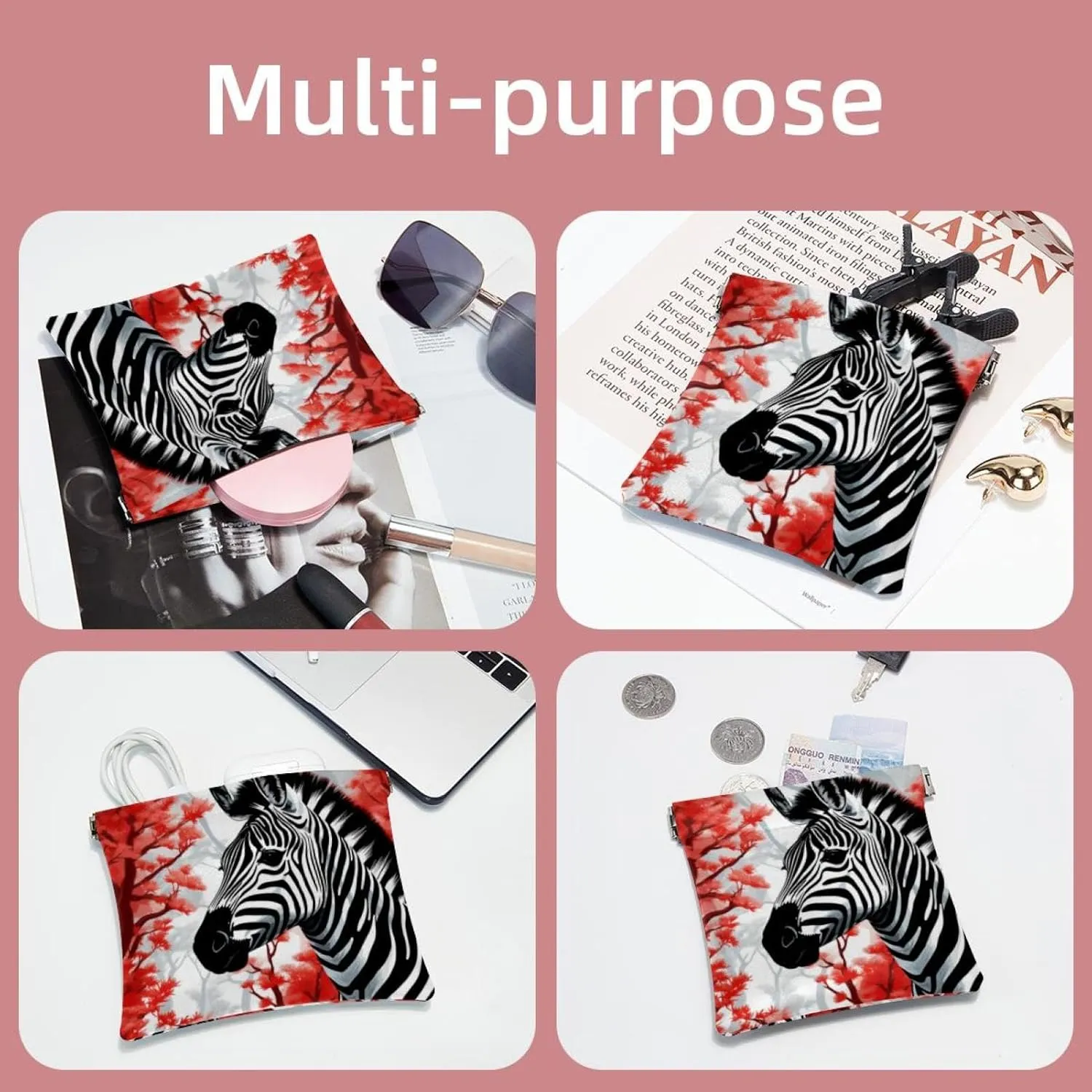 2Pcs Small Makeup Bag for Purse, Autumn Animal Zebra Pocket Cosmetic Bag Squeeze Pouch, Portable Mini Travel Makeup Bag for Women Gifts