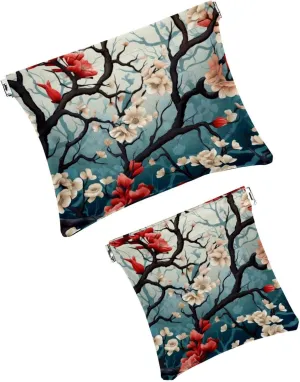 2Pcs Small Makeup Bag for Purse, Cherry Blossoms Pocket Cosmetic Bag Squeeze Pouch, Portable Mini Travel Makeup Bag for Women Gifts