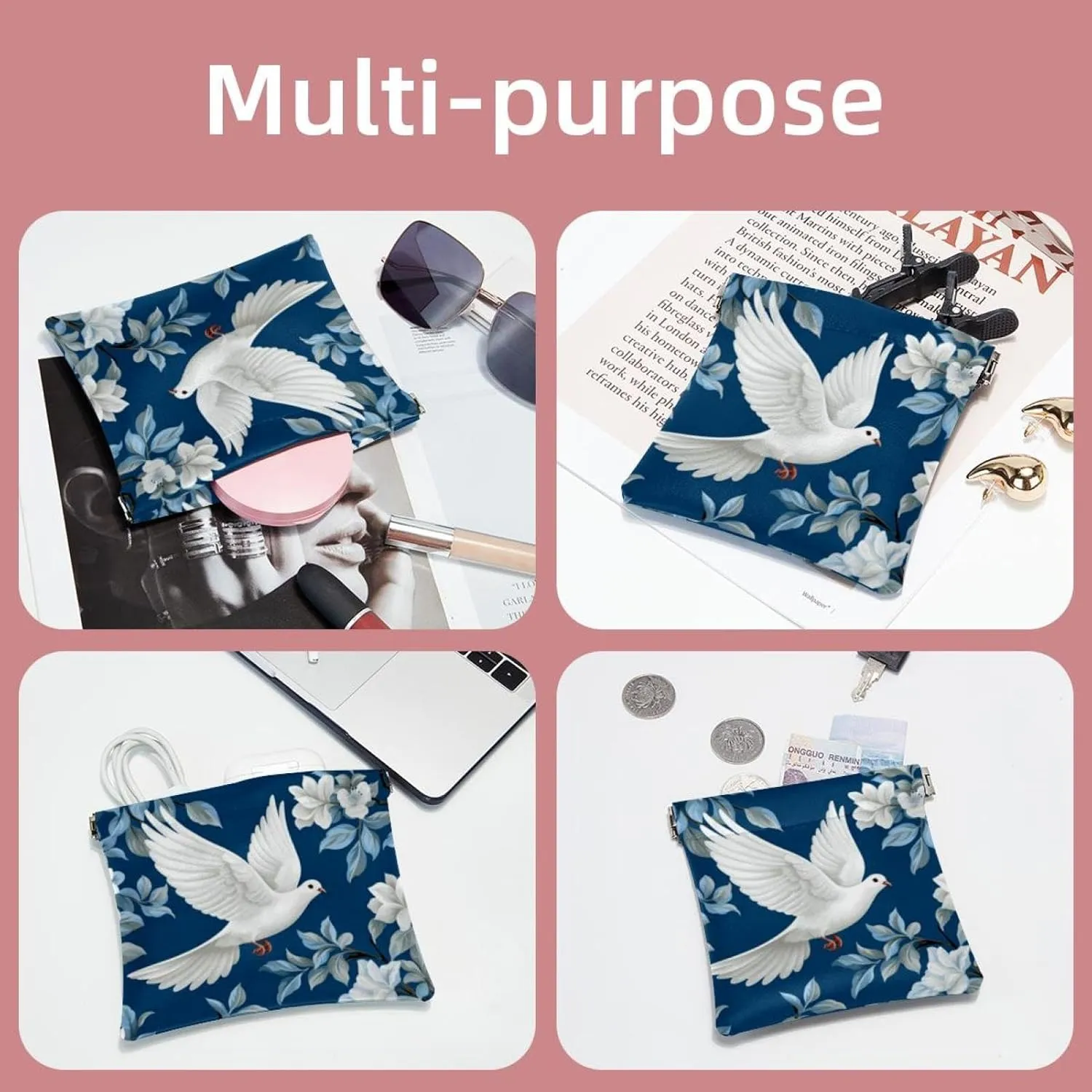 2Pcs Small Makeup Bag for Purse, Floral and Pigeon Pocket Cosmetic Bag Squeeze Pouch, Portable Mini Travel Makeup Bag for Women Gifts