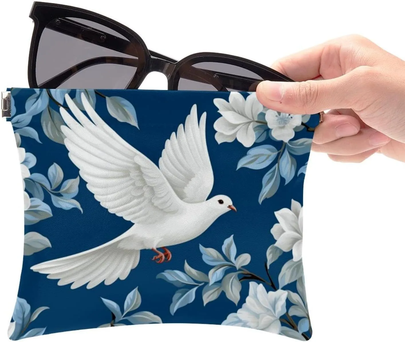 2Pcs Small Makeup Bag for Purse, Floral and Pigeon Pocket Cosmetic Bag Squeeze Pouch, Portable Mini Travel Makeup Bag for Women Gifts