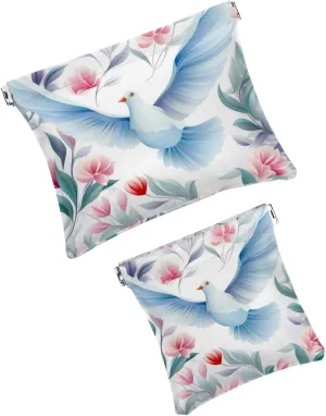 2Pcs Small Makeup Bag for Purse, Floral Dove Bird Pocket Cosmetic Bag Squeeze Pouch, Portable Mini Travel Makeup Bag for Women Gifts