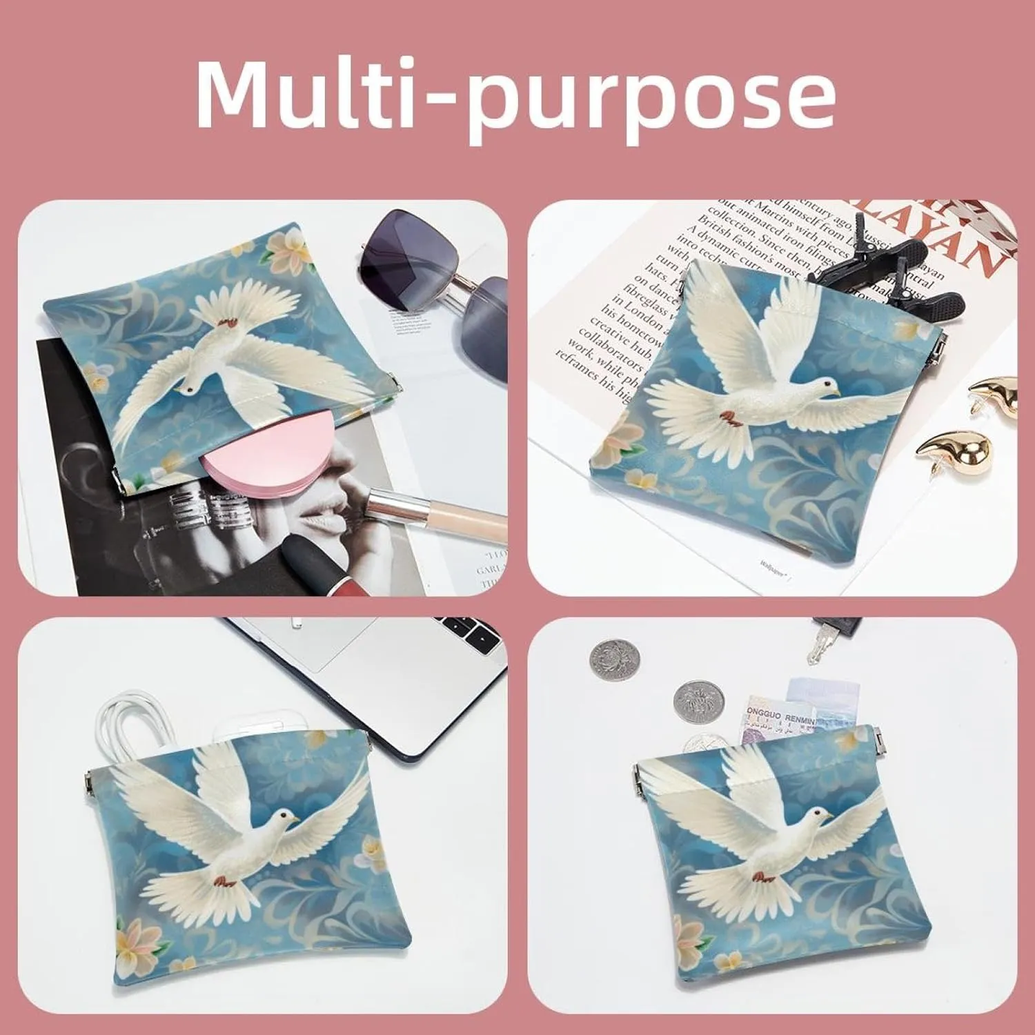 2Pcs Small Makeup Bag for Purse, Floral Pigeon Pocket Cosmetic Bag Squeeze Pouch, Portable Mini Travel Makeup Bag for Women Gifts