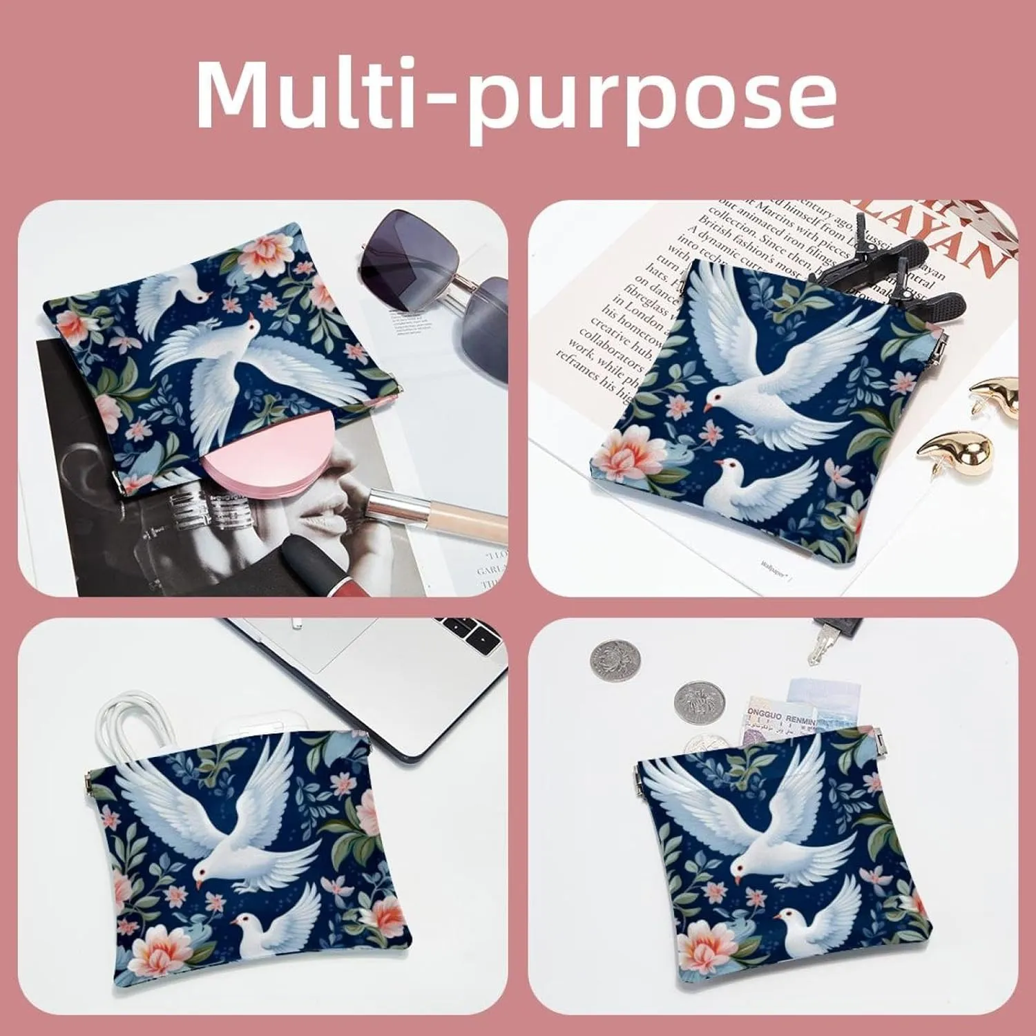 2Pcs Small Makeup Bag for Purse, Floral Pigeon Pocket Cosmetic Bag Squeeze Pouch, Portable Mini Travel Makeup Bag for Women Gifts