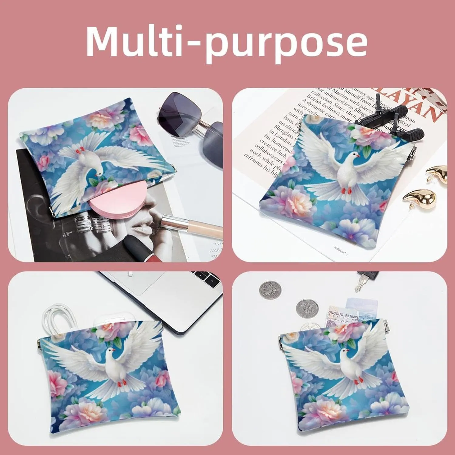 2Pcs Small Makeup Bag for Purse, Peony Pigeon Pocket Cosmetic Bag Squeeze Pouch, Portable Mini Travel Makeup Bag for Women Gifts