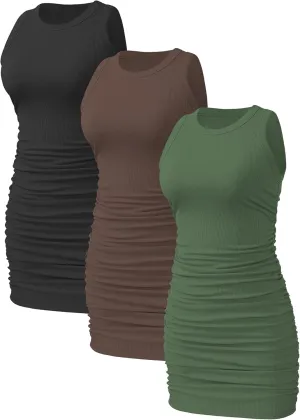 3 Pack Womens Sleeveless Summer Dress Crew Neck Slim Fit Ribbed Stretch Ruched Bodycon Casual Mini Dresses