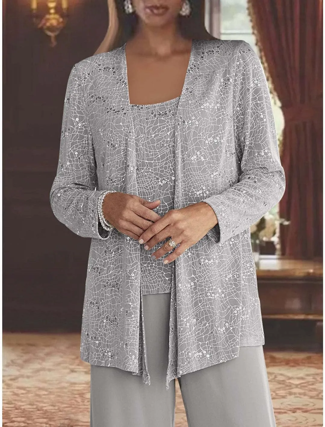 3 Pieces Mother of The Bride Pant Suits for Wedding Chiffon Sequin Pants Suits for Women Dressy with Jacket