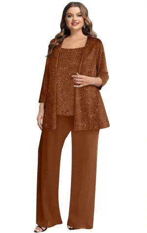 3 Pieces Mother of The Bride Pant Suits for Wedding Chiffon Sequin Pants Suits for Women Dressy with Jacket