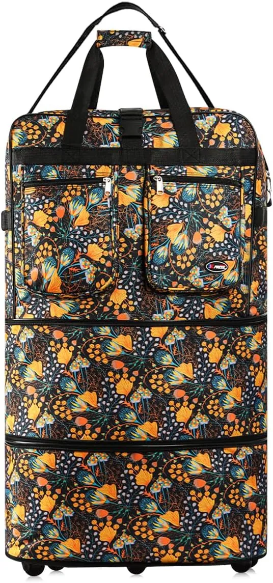 30''36''40''Rolling Wheeled Duffel Bag Suitcases with Wheels Expandable Foldable Luggage Bag Rolling Travel Bag Duffel Bag for Men Women#Yellow_Floral,36