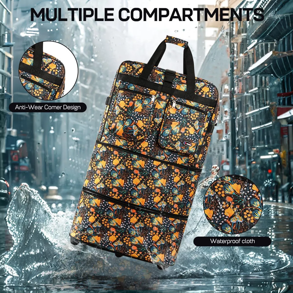 30''36''40''Rolling Wheeled Duffel Bag Suitcases with Wheels Expandable Foldable Luggage Bag Rolling Travel Bag Duffel Bag for Men Women#Yellow_Floral,36