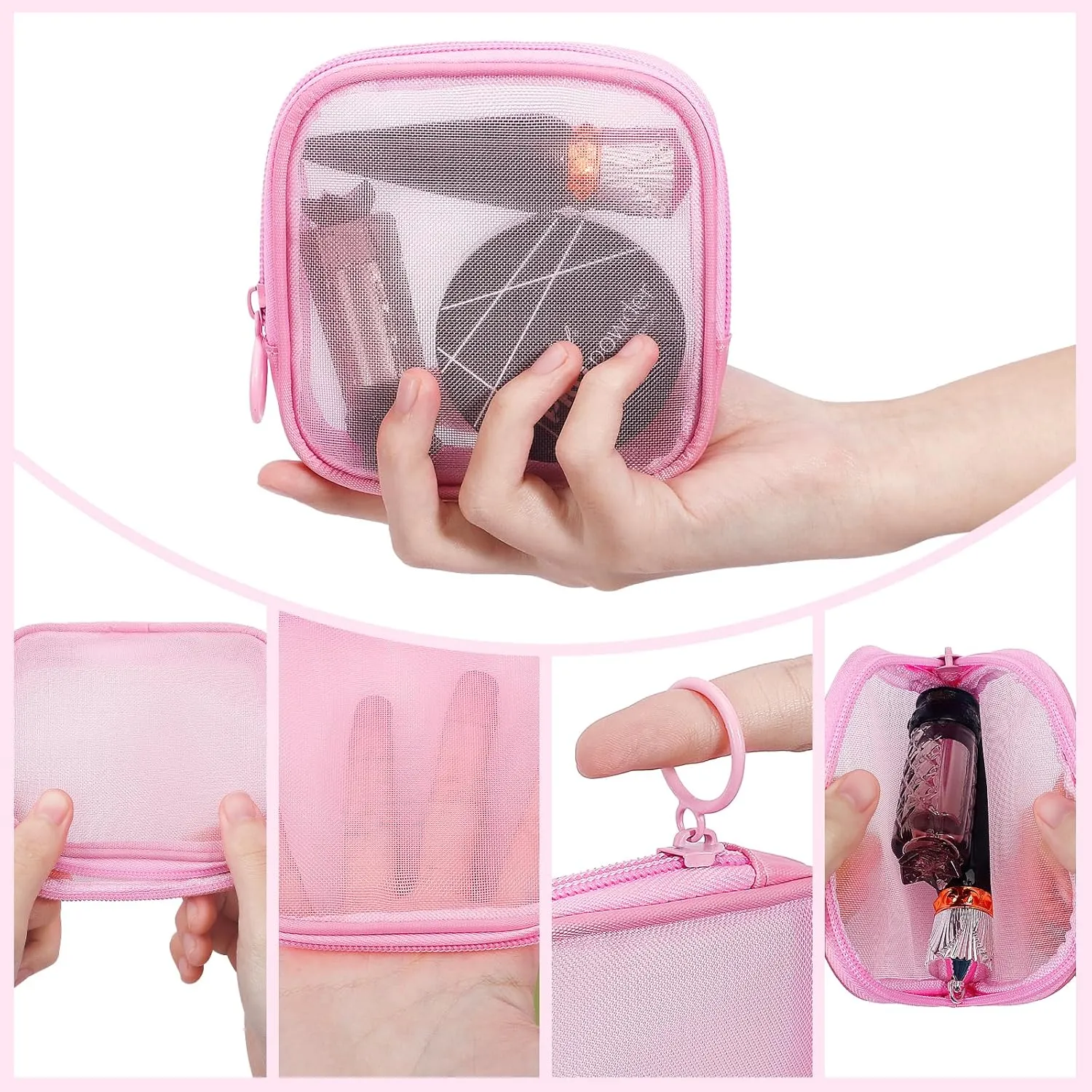4 Pieces Mini Zipper Nylon Mesh Pouch, Mesh Cosmetic Bags Makeup Bags, Multipurpose Travel Toiletry Bags for Office Supplies and Travel Accessories (Black, S)
