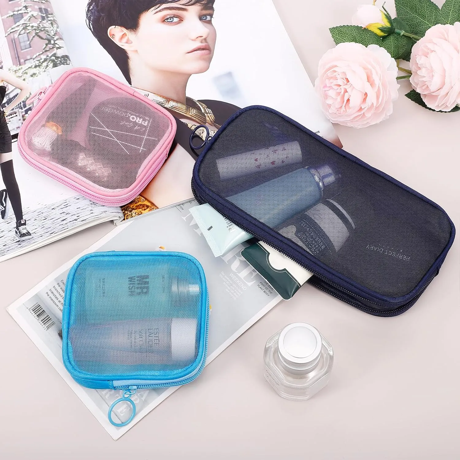 4 Pieces Mini Zipper Nylon Mesh Pouch, Mesh Cosmetic Bags Makeup Bags, Multipurpose Travel Toiletry Bags for Office Supplies and Travel Accessories (Grey, M)
