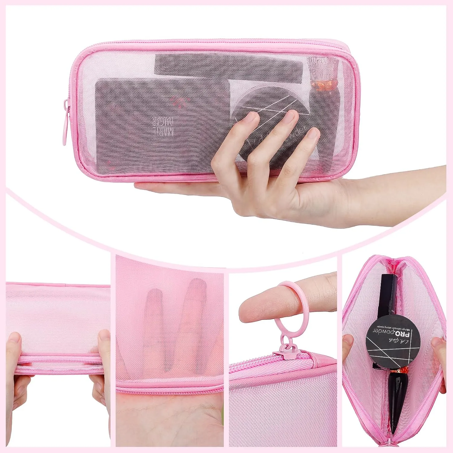4 Pieces Mini Zipper Nylon Mesh Pouch, Mesh Cosmetic Bags Makeup Bags, Multipurpose Travel Toiletry Bags for Office Supplies and Travel Accessories (Grey, M)