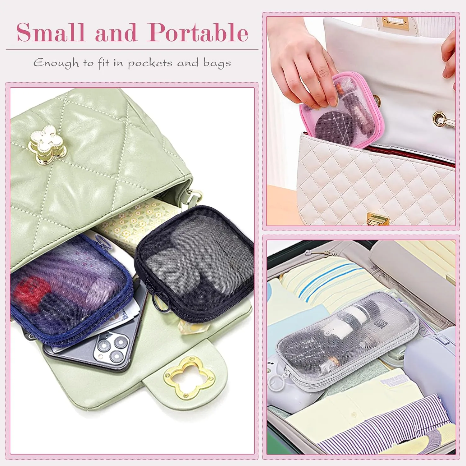 4 Pieces Mini Zipper Nylon Mesh Pouch, Mesh Cosmetic Bags Makeup Bags, Multipurpose Travel Toiletry Bags for Office Supplies and Travel Accessories (Grey, M)