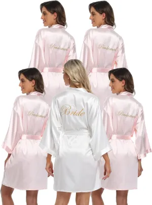 5 Pcs Bride Bridesmaids Robes for Wedding Party Getting Ready Satin Kimono Bathrobe Embroidered Silky Loungewear