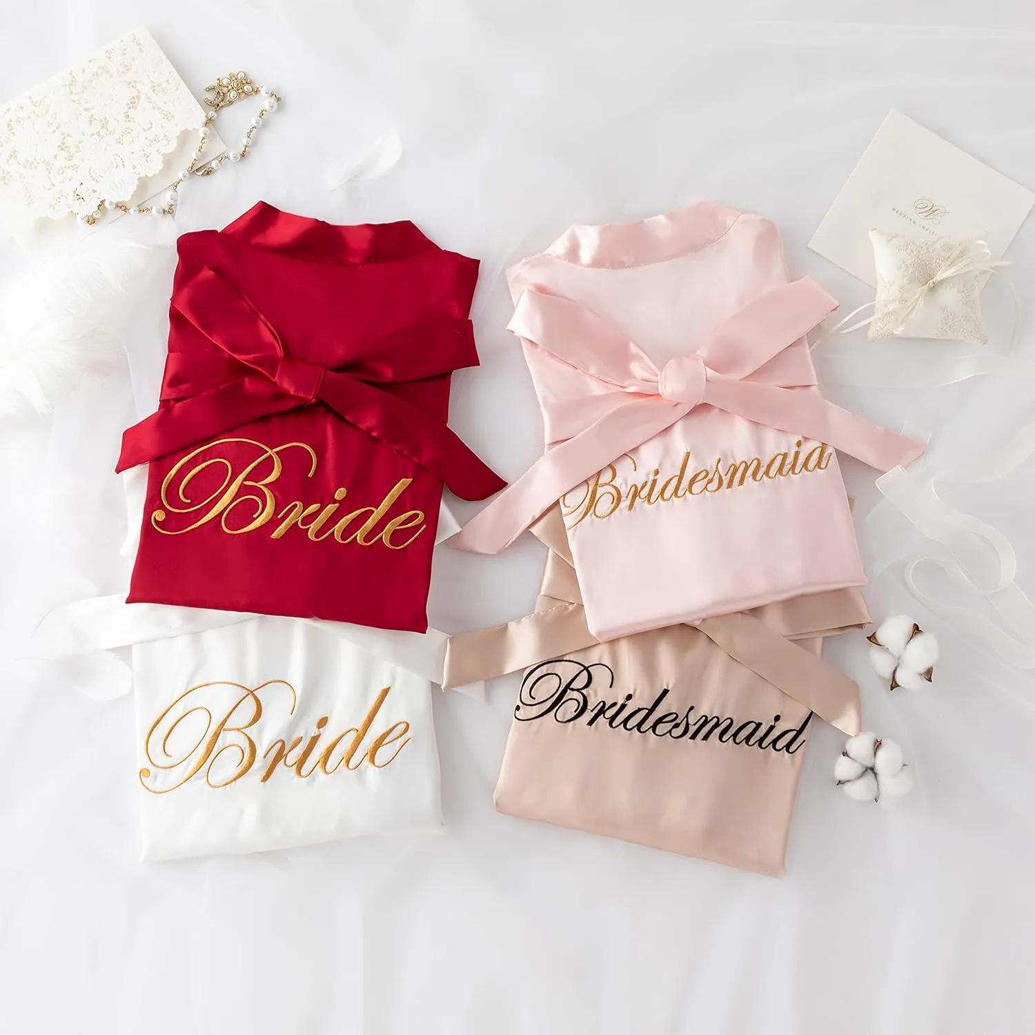 5 Pcs Bride Bridesmaids Robes for Wedding Party Getting Ready Satin Kimono Bathrobe Embroidered Silky Loungewear