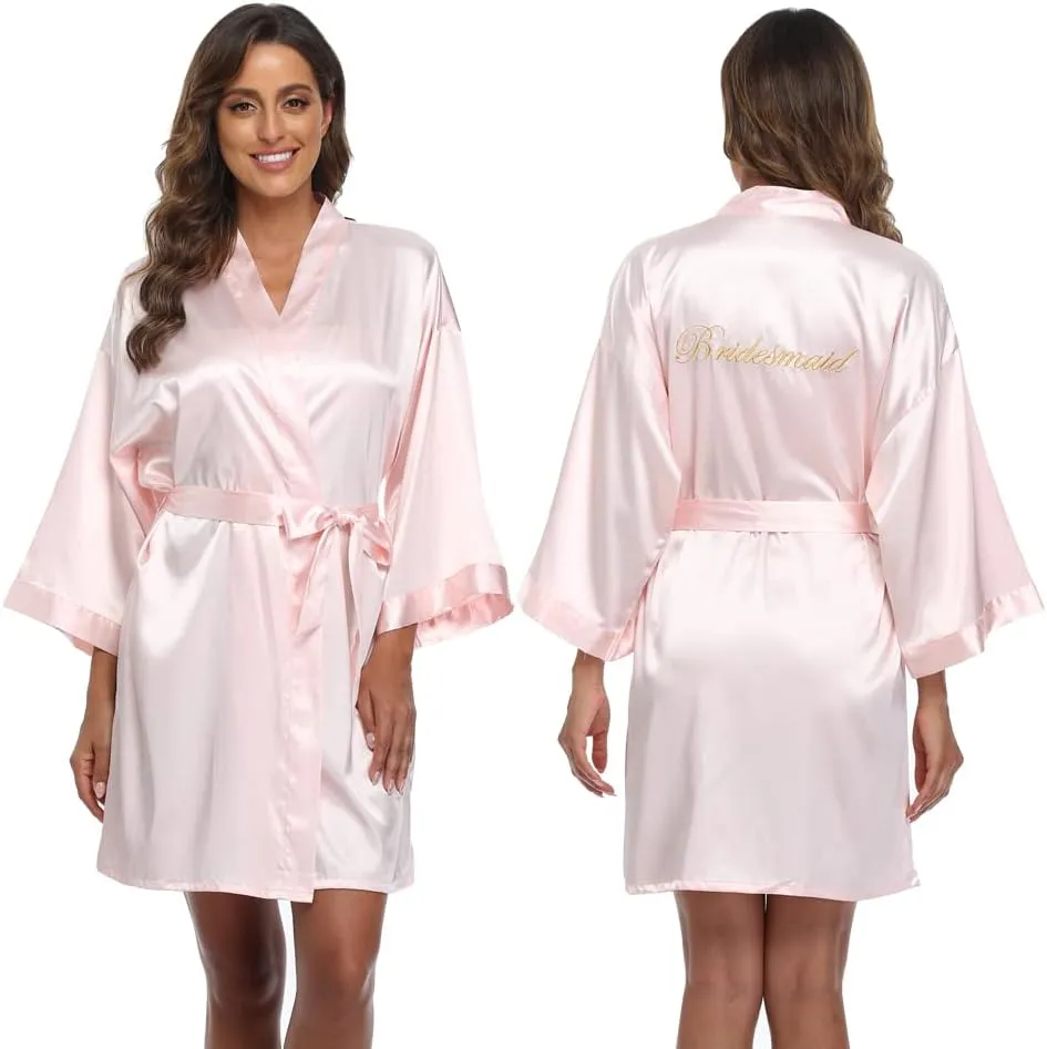 5 Pcs Bride Bridesmaids Robes for Wedding Party Getting Ready Satin Kimono Bathrobe Embroidered Silky Loungewear